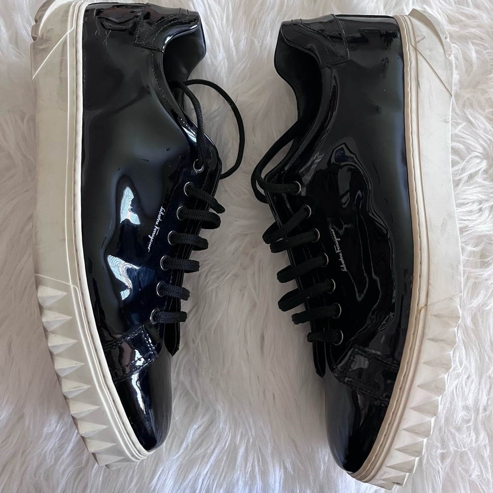 Salvatore Ferragamo Men’s 11.5 Cube 2 Black Patent Leather Sneakers - Picture 7 of 16